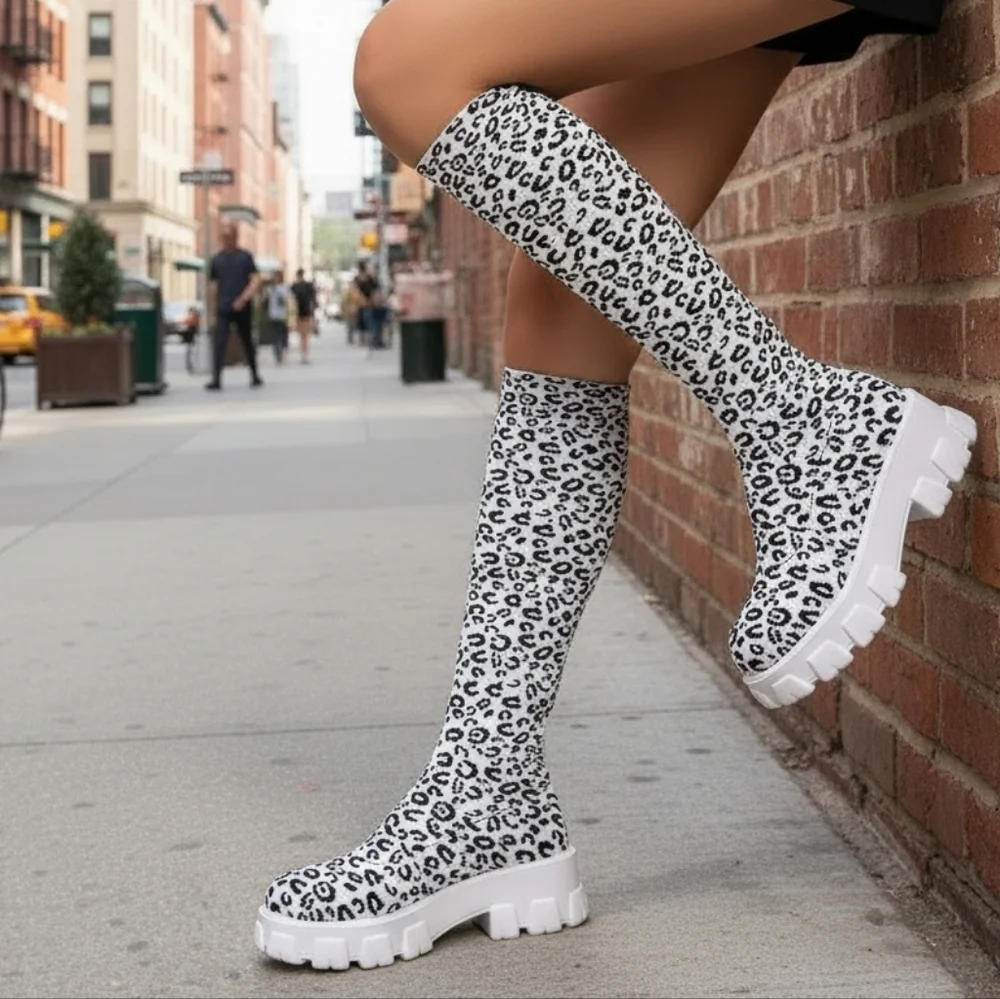 Leopard Chunky Platform Knee High Sock Boots Stretch Mesh Knit Block Heel Shoes